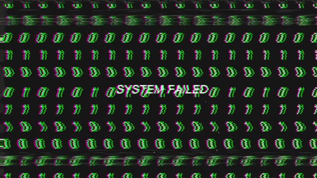 Computer screen showing system failed with glitch and no signal problem. Screen showing virus attack and distortion with bad signal glitch effect. Tv screen glitch distorted screen pixels background.