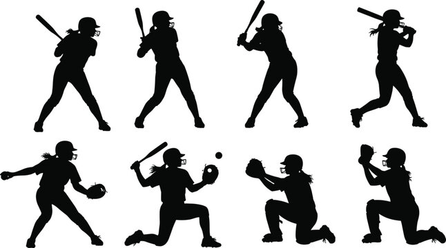 Silhouettes of female softball players in action, including batting, pitching, catching, and kneeling poses, isolated on a clean white background.
