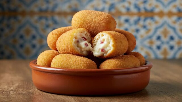 Crispy golden ham croquettes served in a rustic clay bowl. Close-up of a broken croqueta showing the creamy bechamel filling with pieces of ham. Traditional Spanish tapa appetizer concept