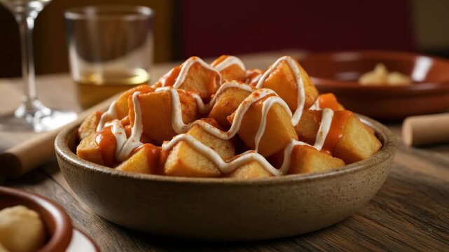 Bowl of traditional Spanish patatas bravas drizzled with spicy red sauce and creamy garlic aioli. Close-up of crispy fried potatoes served as a popular tapa. Authentic Spanish cuisine concept 