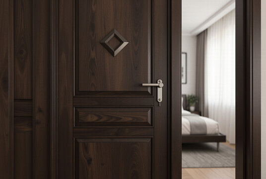 Modern dark wooden door design set in a beige wall interior for elegant home renovations contemporary residential architecture and stylish entryway concepts.