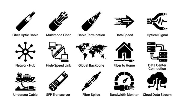 Fiber optic communication icons: cables, connectivity, data, networks, technology