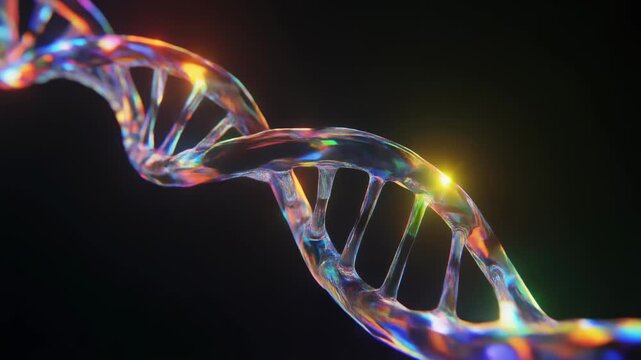 Vibrant DNA Double Helix Structure Illuminating with Colorful Light on Dark Background.