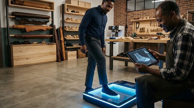 Professional Shoemaker Using 3D Foot Scanner and Tablet for Custom Footwear Design in Modern Workshop
