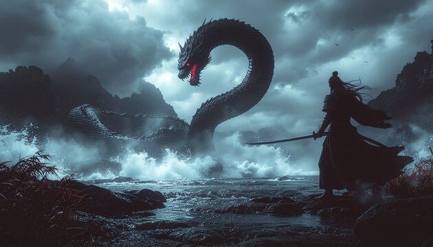 嵐の海で巨大な蛇竜に立ち向かう剣士、和風ダークファンタジーの神話的対決イメージ
