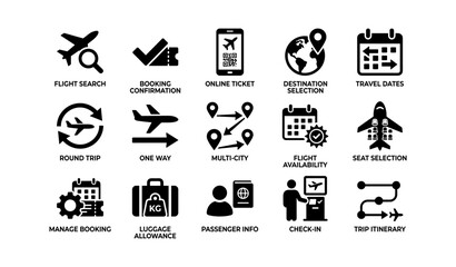 Fototapeta premium Air travel icons: booking, destination, flight, check-in, luggage