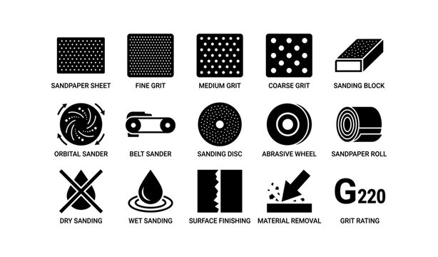 Sanding tools and techniques: sandpaper, sanders, grit types, and surface finishing icons