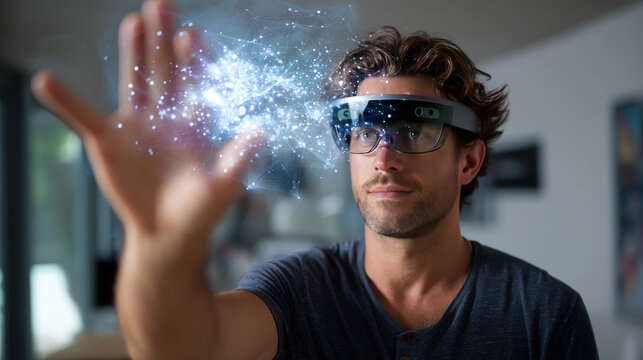 Cheerful young man in VR headset playing online game in virtual reality, driving imaginary car in neon light. millennial man using car simulator in cyberspace, collage