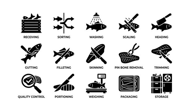 Fish processing icons: steps in preparing fish for consumption