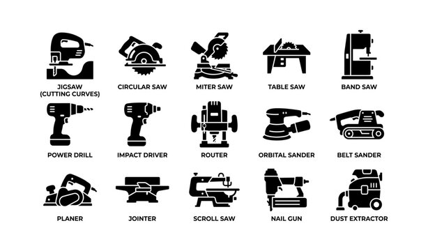 Silhouette icons of various power tools including saw, drill, and sander