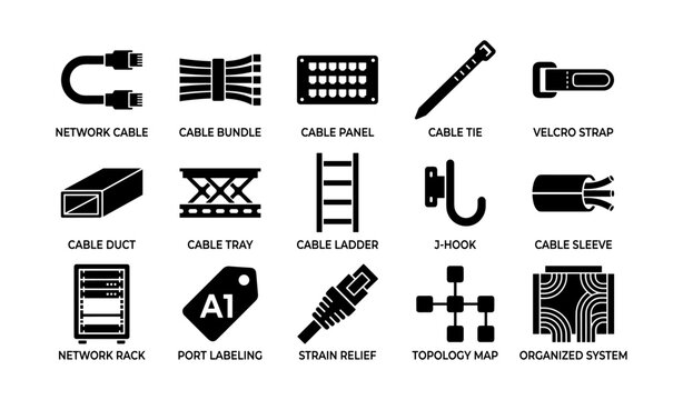 Network infrastructure tools and equipment icons set
