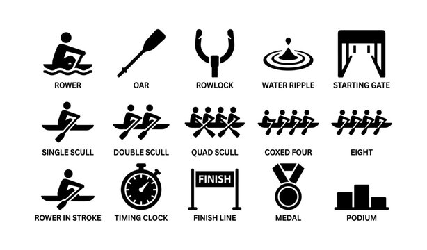 Rowing icons set: rower, oar, scull, water ripple, medal, podium