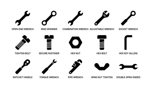 Set of diverse wrench and bolt icons featuring various tool types