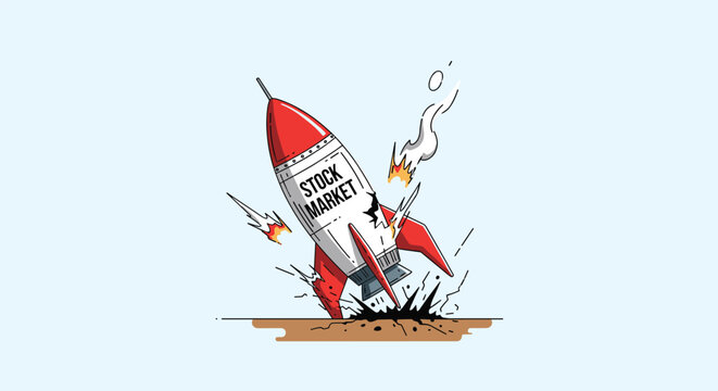 Conceptual illustration showing a red rocket labeled Stock Market crashing into the ground with smoke and debris.