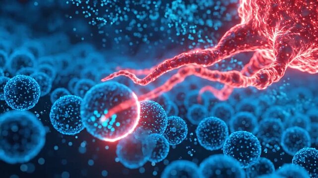 A glowing red cell attacking healthy blue cells in a microscopic environment