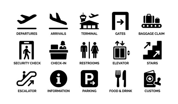 Comprehensive airport symbols set: departures, arrivals, terminal, gates, baggage