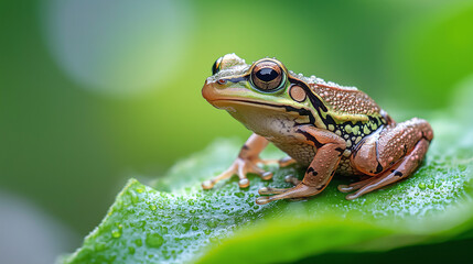 Fototapeta premium Frog resting on a green leaf with morning dew under soft light in a natural setting