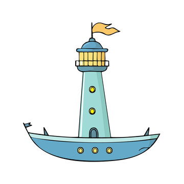 Whimsical cartoon lighthouse on a stylized boat with nautical flags and lights