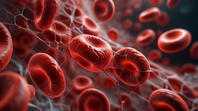 Microscopic View of Red Blood Cells and Fibrin Clot Formation in Human Bloodstream.