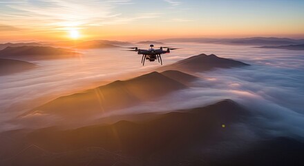 Fototapeta premium Drone flying over mountain range at sunset with vibrant orange sky