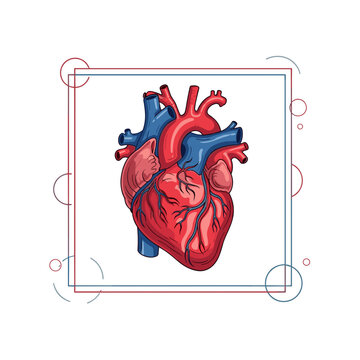 An anatomical red and blue heart illustration featuring detailed veins and arteries framed within a thin geometric border. This scientific graphic serves as a clear educational diagram.