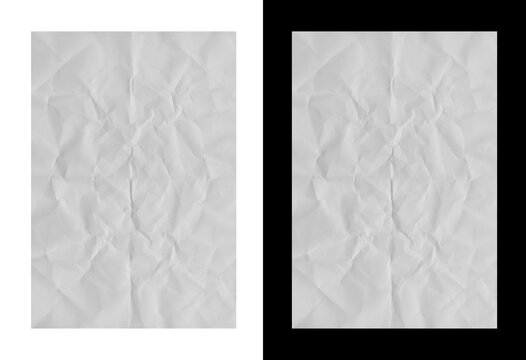 Crumpled white paper texture sheets displayed on split black and white background for artistic design projects