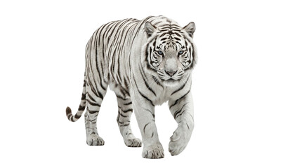 Isolated white tiger with distinctive black stripes on white fur, a wild feline predator and big cat carnivore standing against a white background © xumbul