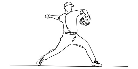A single continuous line drawing of a baseball pitcher throwing a ball during a professional game © Ponchomy