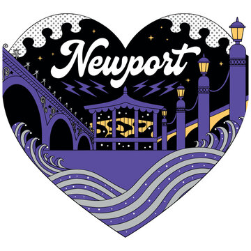 Newport Oregon Travel Illustration in Heart Shape Featuring Yaquina Bay Bridge, Ocean Waves, and Vintage Architecture in Purple and Black Graphic Style