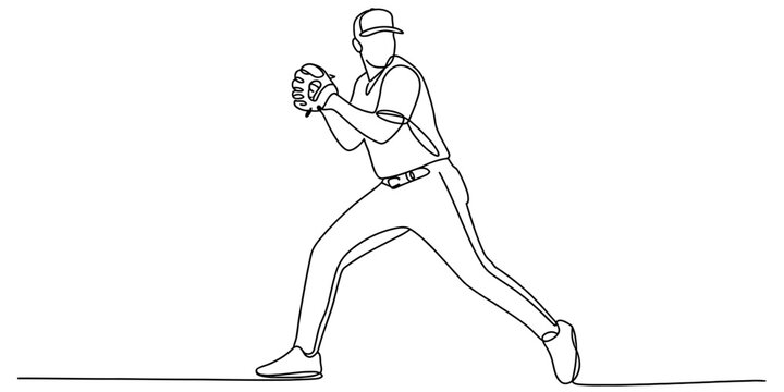 A single continuous line drawing of a baseball player preparing to throw a ball on white background