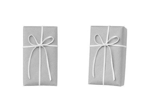 Two pale gray gift boxes with white ribbons, shown from different angles	