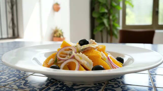 Fresh Remoj&oacute;n Granadino salad served on a white plate on a patterned tiled table. Traditional Spanish salad with orange segments, cod, black olives, and red onion. Authentic Mediterranean food concept