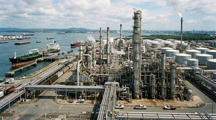 Fototapeta premium Industrial Refinery with Cargo Ships and Stacked Storage Tanks