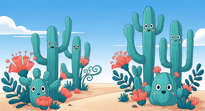 Cartoon illustration of green cactus with floral elements against a blue sky, representing desert flora or friendly nature concept
