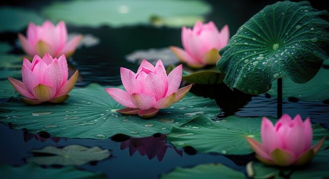 Serene pink lotus blossoms in a tranquil pond a captivating floral display