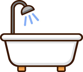 Simple flat vector illustration of a bathtub with a shower head and running water. Clean and minimal bathroom icon with soft colors and rounded shapes. Ideal for hygiene concepts, interior design © Flower_Ranger