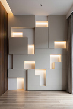 Warm glowing lights illuminating a classic elegant interior hallway with dark wood paneling and sliding doors for luxury home decor and sophisticated residential architecture.