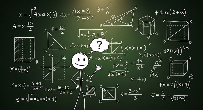 A cartoon character stands in front of a blackboard filled with complex mathematical equations and formulas.