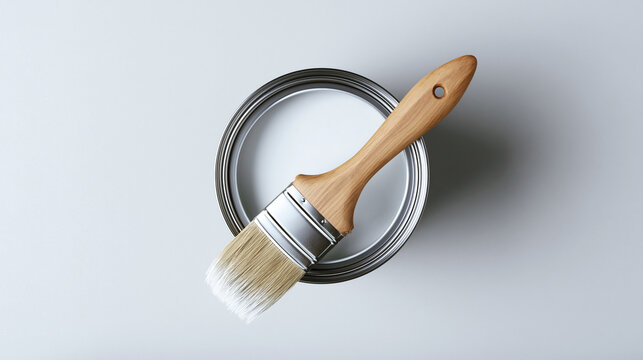Painting tools with white paint can and paintbrush on a neutral surface, showing home improvement, renovation, and creative hobby concepts, diy work