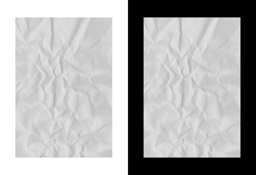 Abstract textured background of wrinkled white paper split into white and black halves high detail macro