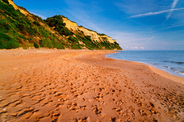 Wide Gardenos beach at sunset on holiday island of Corfu, Greece. © Tomasz