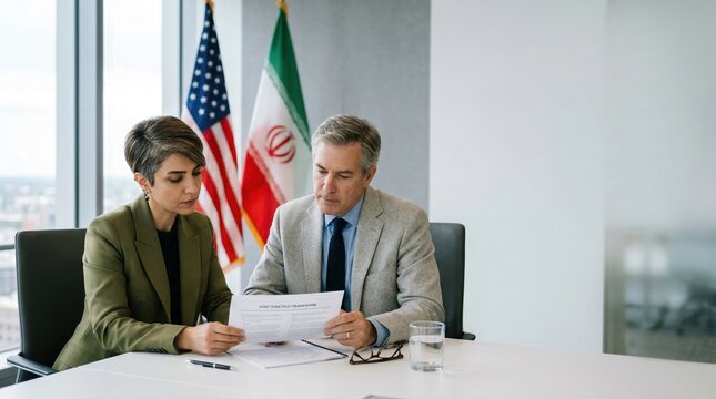 Two diplomats reviewing a joint strategic framework document. USA and Iran flags in the background of a professional meeting. International diplomacy and bilateral relations concept