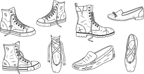 Footwear Fashion Collection: Black and White Hand-Drawn Line Art Sketch of Various Shoes - High-Top Sneakers, Combat Boots, Loafers, and Ballet Flats. Everyday Casual Footwear. © pixraw