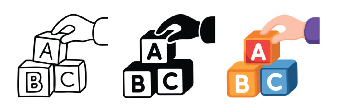 Hand holding alphabet ABC blocks icon silhouette in flat style, child education vector illustration, isolated on white background, representing learning, elementary school, early childhood education, 