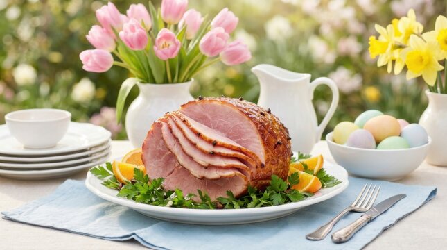 Easter ham dinner with spring flowers and colored eggs