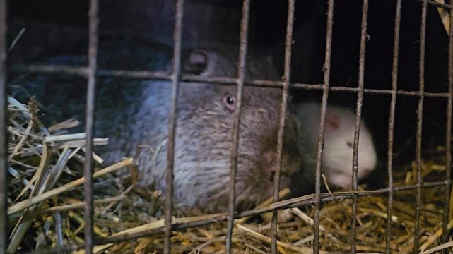 Guinea pig mother with babies in cage eating hay small rodents grooming paws cute pet family close-up indoor