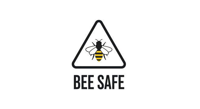 Bee safe warning sign with yellow and black insect in triangle icon on white background