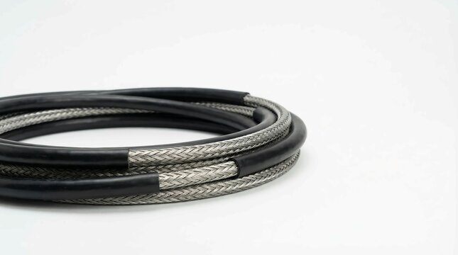 Close-up of black and silver braided paracord rope coiled on white background