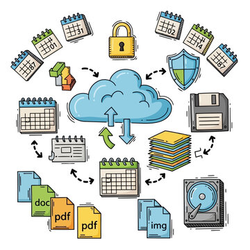 Cloud computing data management storage backup security service illustration with calendar documents and folder icons hand drawn doodle style for technology concept.