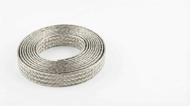 Silver metallic wire rope coil isolated on white background for industrial use